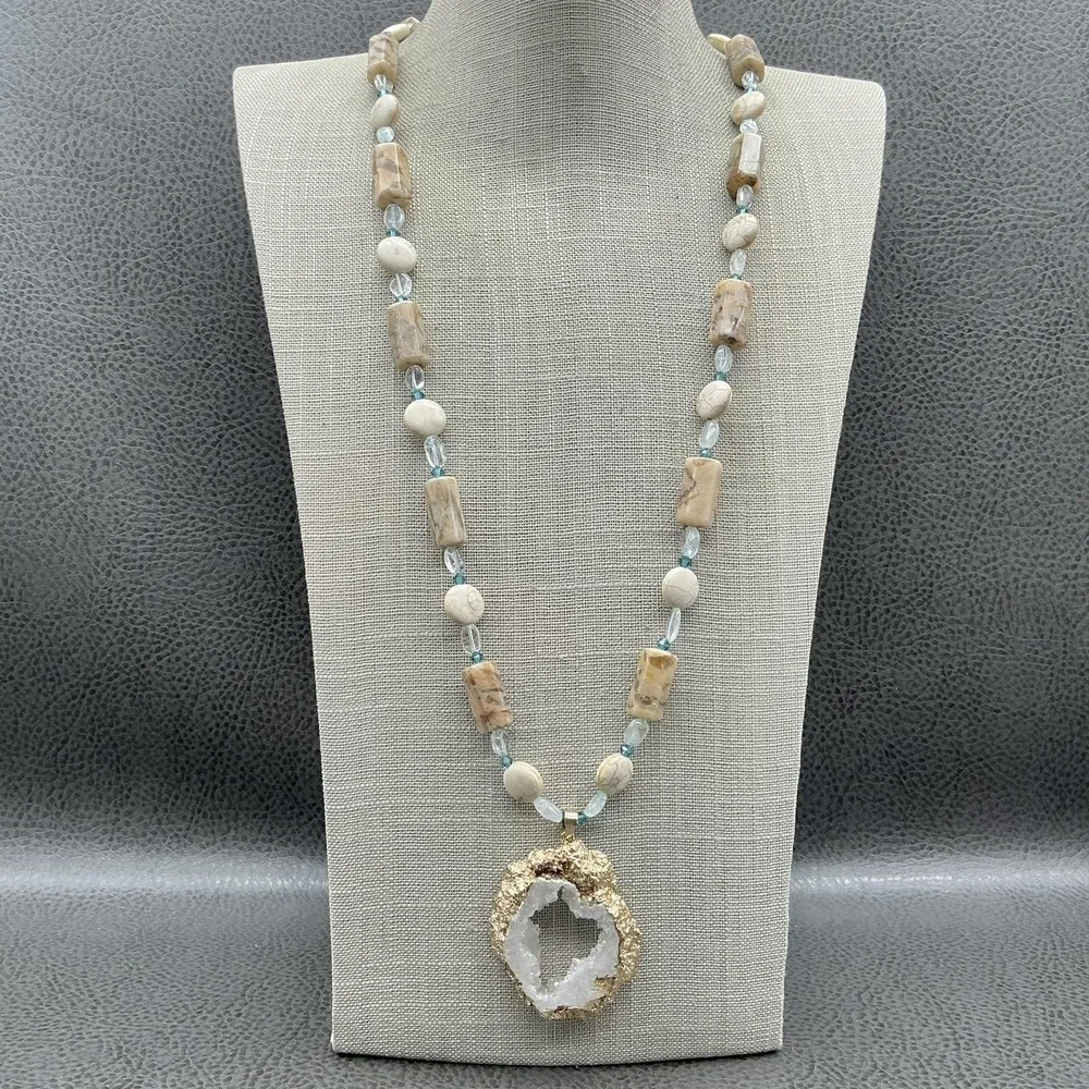 Geode Druzy Quartz Pendant Beaded Necklace Fossil Jasper Aqua Glass Beads Boho